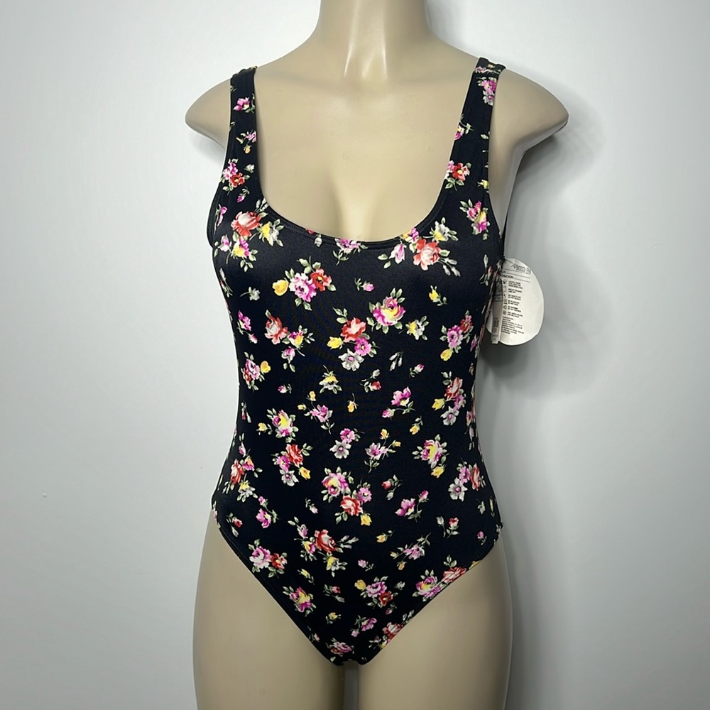 Mykonos Seimwear medium black floral one piece swimsuit NWT